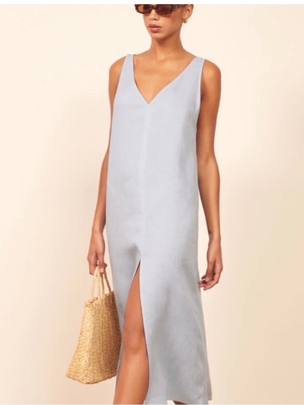 Reformation Light Blue V-Neck Sleeveless Maxi Dress with Front Slit- Size XL